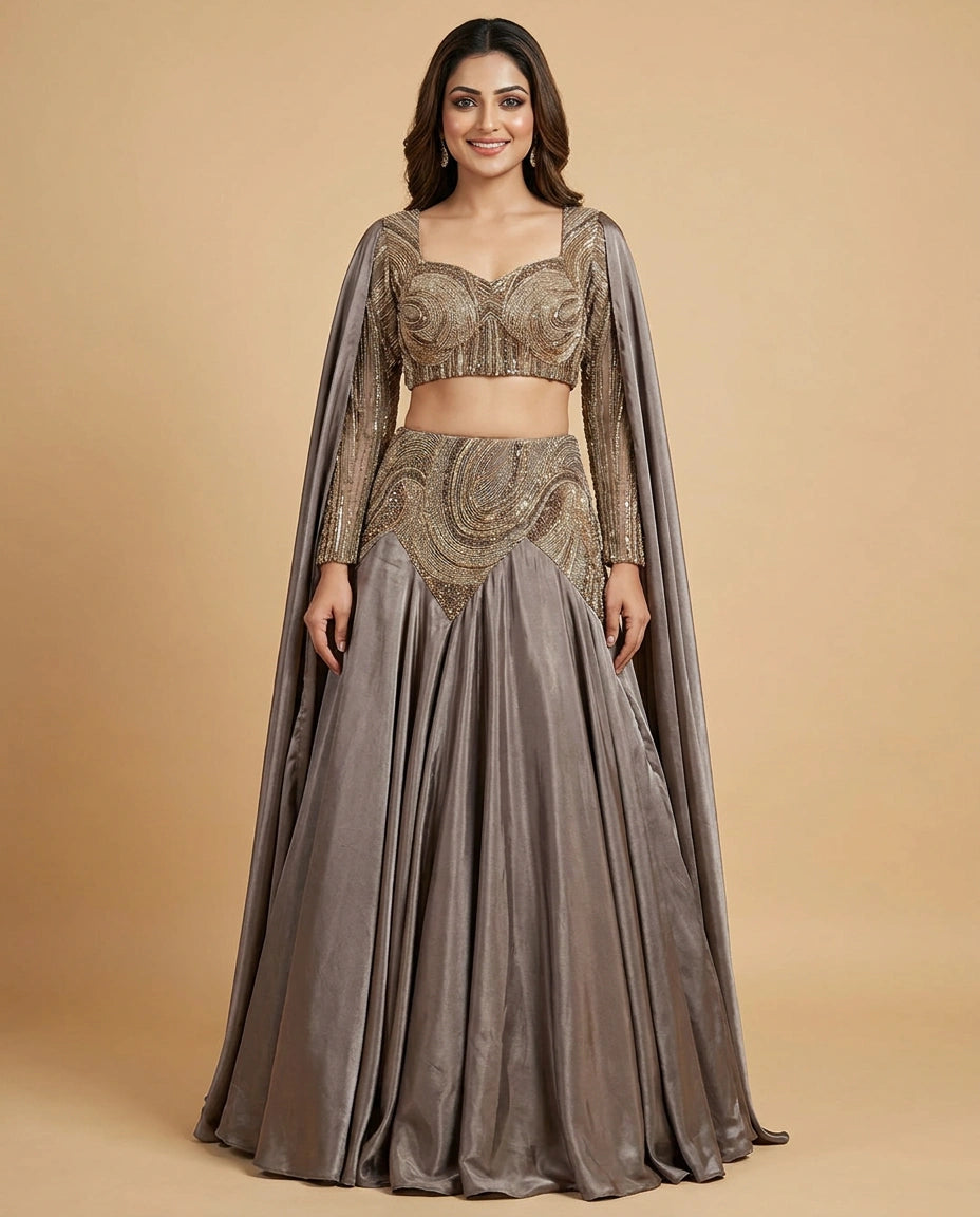 Grey Tissue Croptop Lehenga with Pleated Skirt - Rangoli India