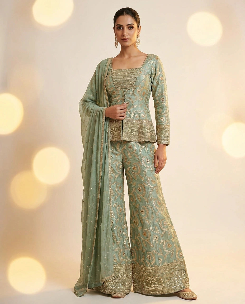 Tissue Choli Palazzo Set with Peplum Choli view 8
