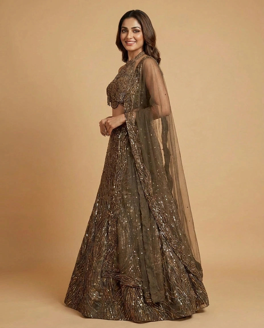Mehandi Green Net Croptop Lehenga with Embroidered Detail - Rangoli India