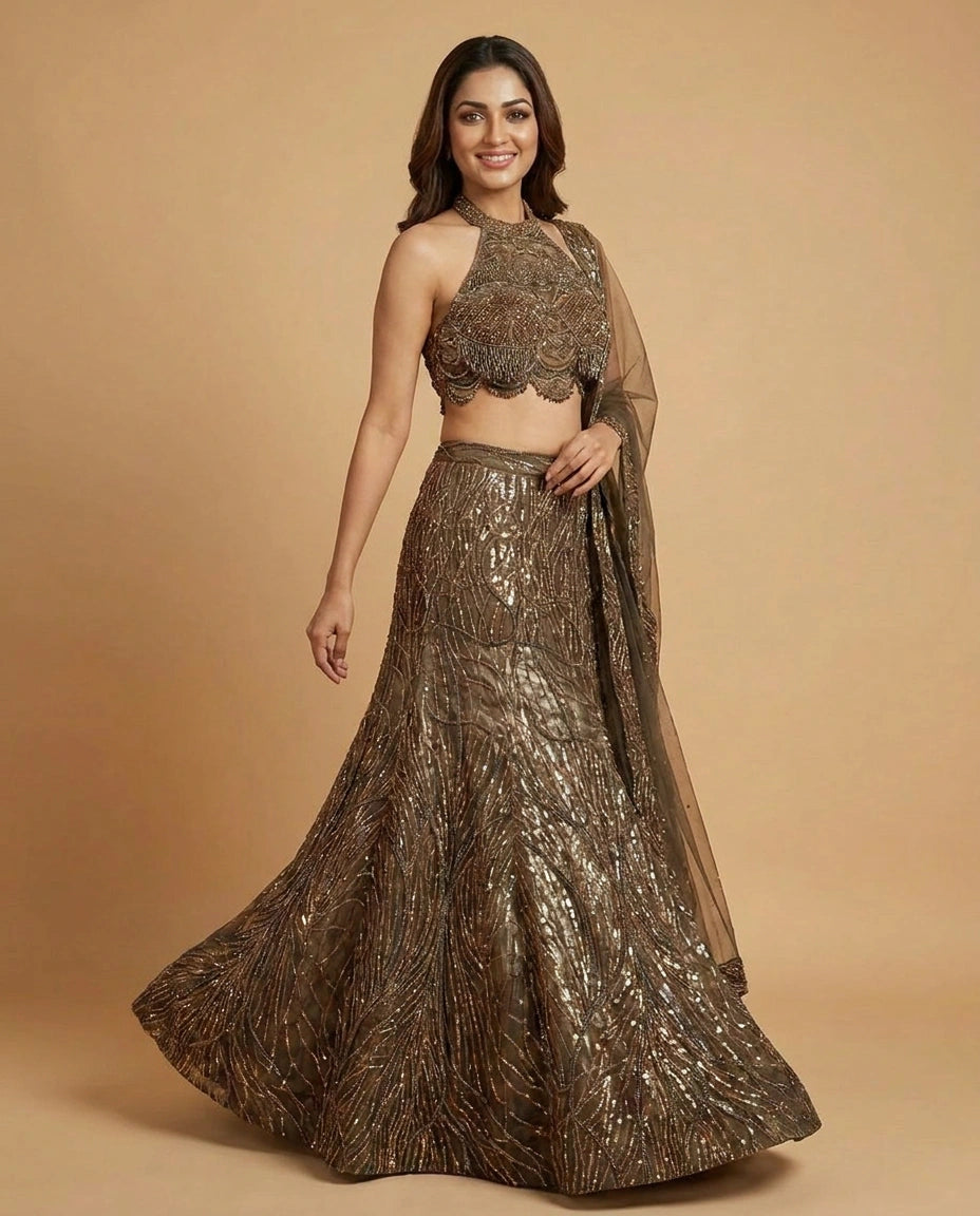 Mehandi Green Net Croptop Lehenga with Embroidered Detail - Rangoli India
