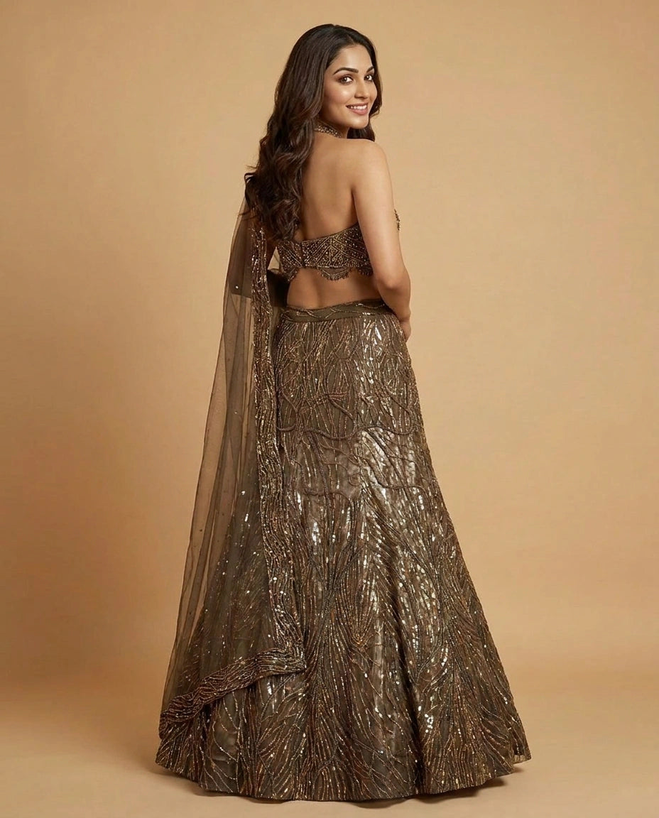 Mehandi Green Net Croptop Lehenga with Embroidered Detail - Rangoli India