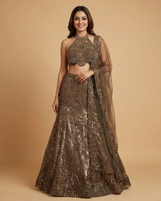 Mehandi Green Net Croptop Lehenga with Embroidered Detail - Rangoli India