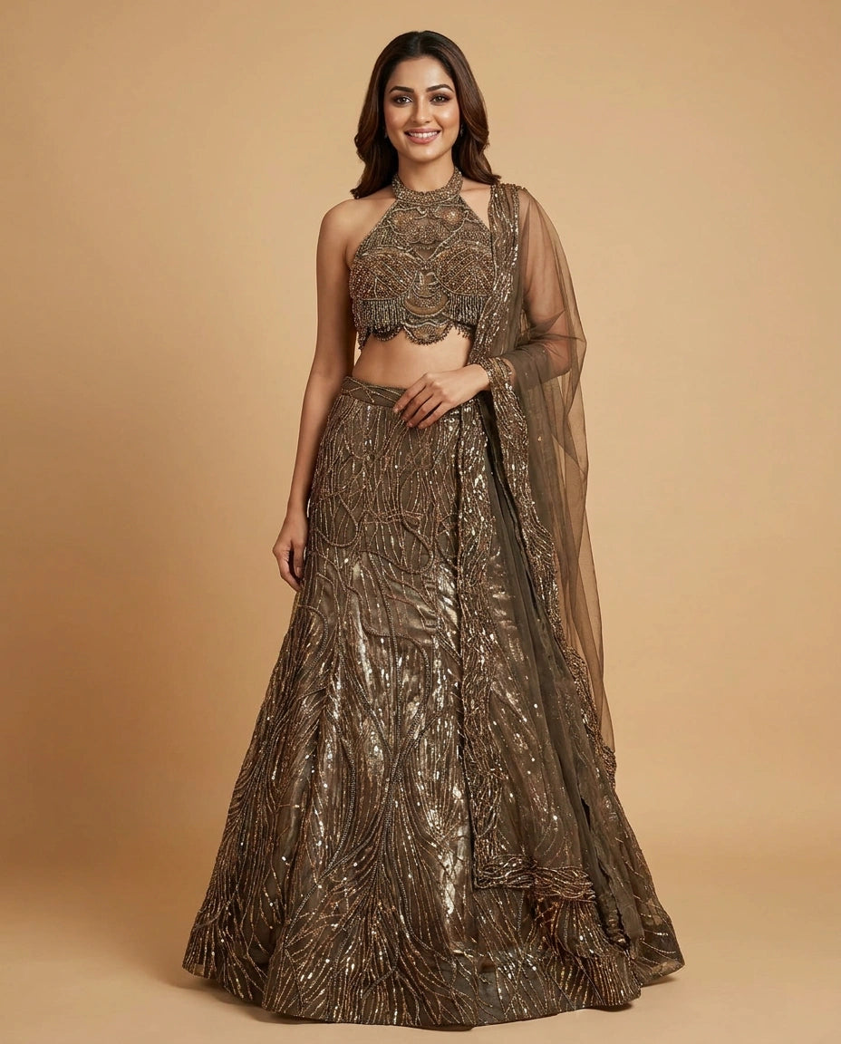 Mehandi Green Net Croptop Lehenga with Embroidered Detail - Rangoli India
