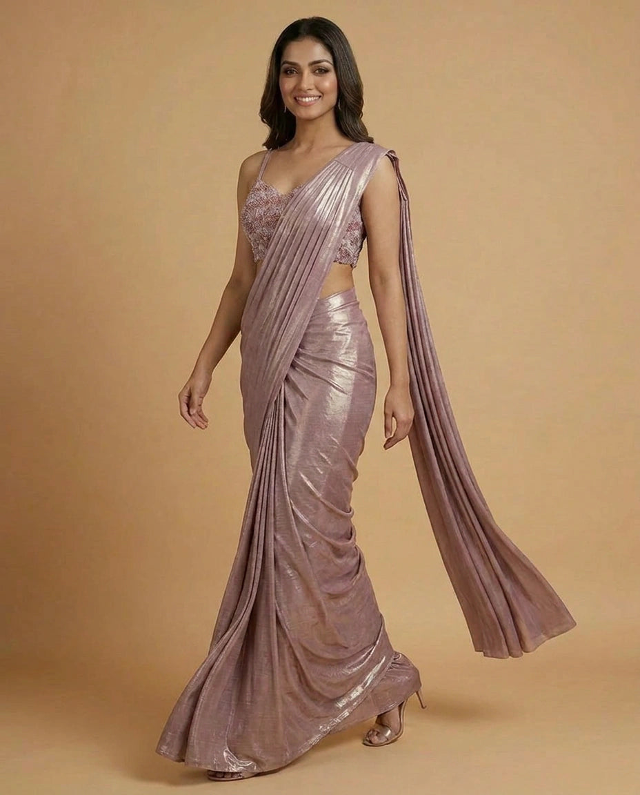 Lycra Pre-Draped Saree with Designer Blouse - Rangoli India