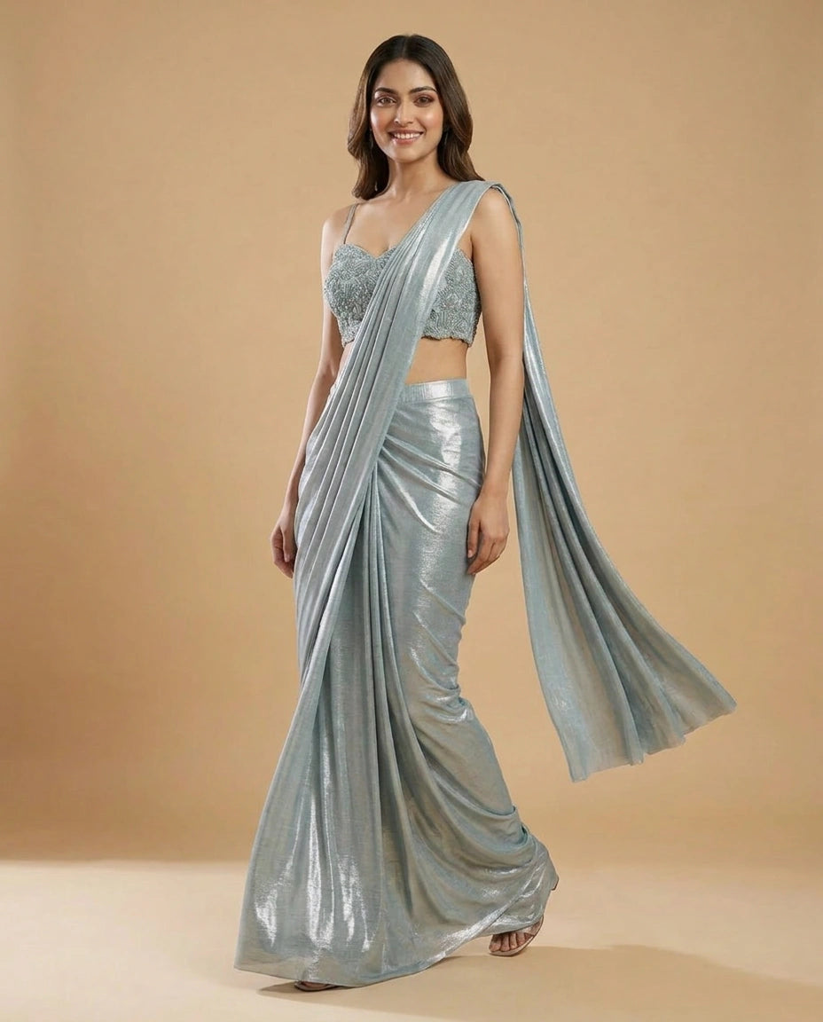 Lycra Pre-Draped Saree with Designer Blouse - Rangoli India