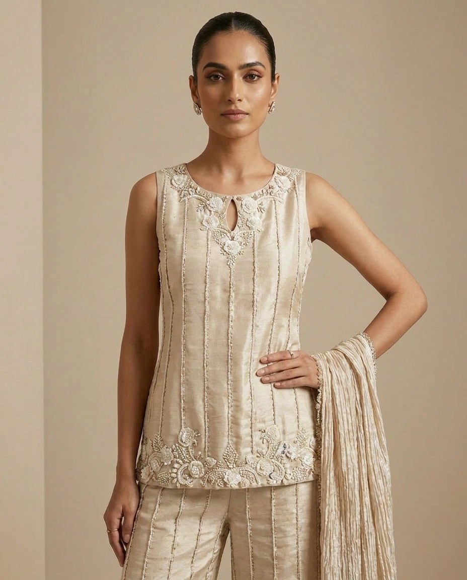 Off White Tissue Palazzo Suit with Flared Palazzo for Sangeet - Rangoli India