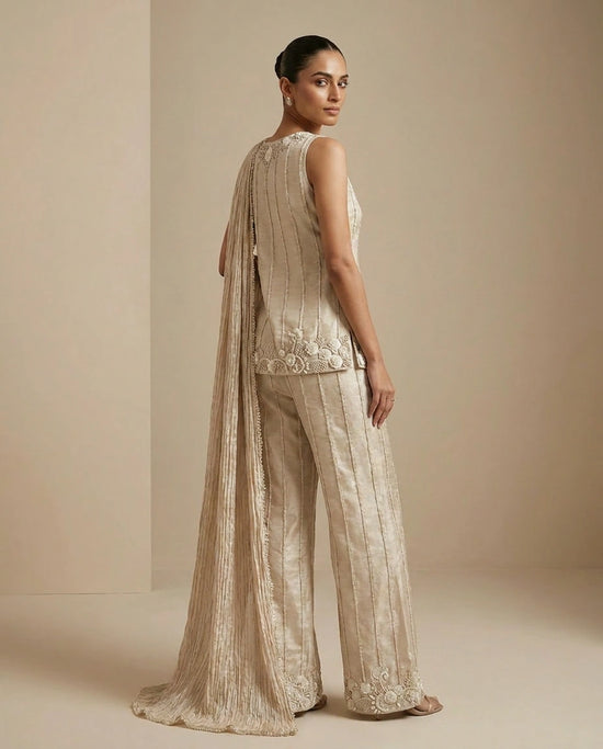 Off White Tissue Palazzo Suit with Flared Palazzo for Sangeet view 2