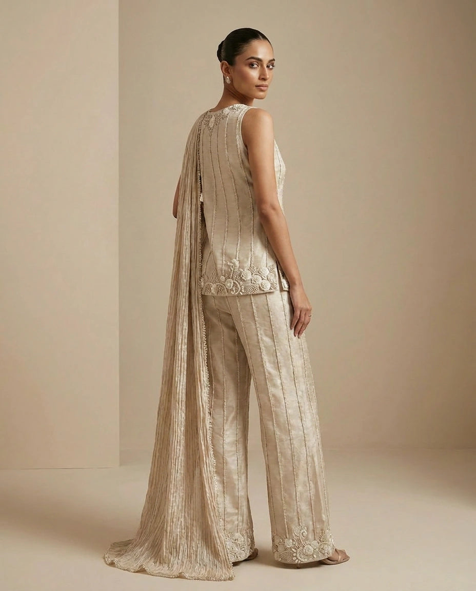 Off White Tissue Palazzo Suit with Flared Palazzo for Sangeet view 2