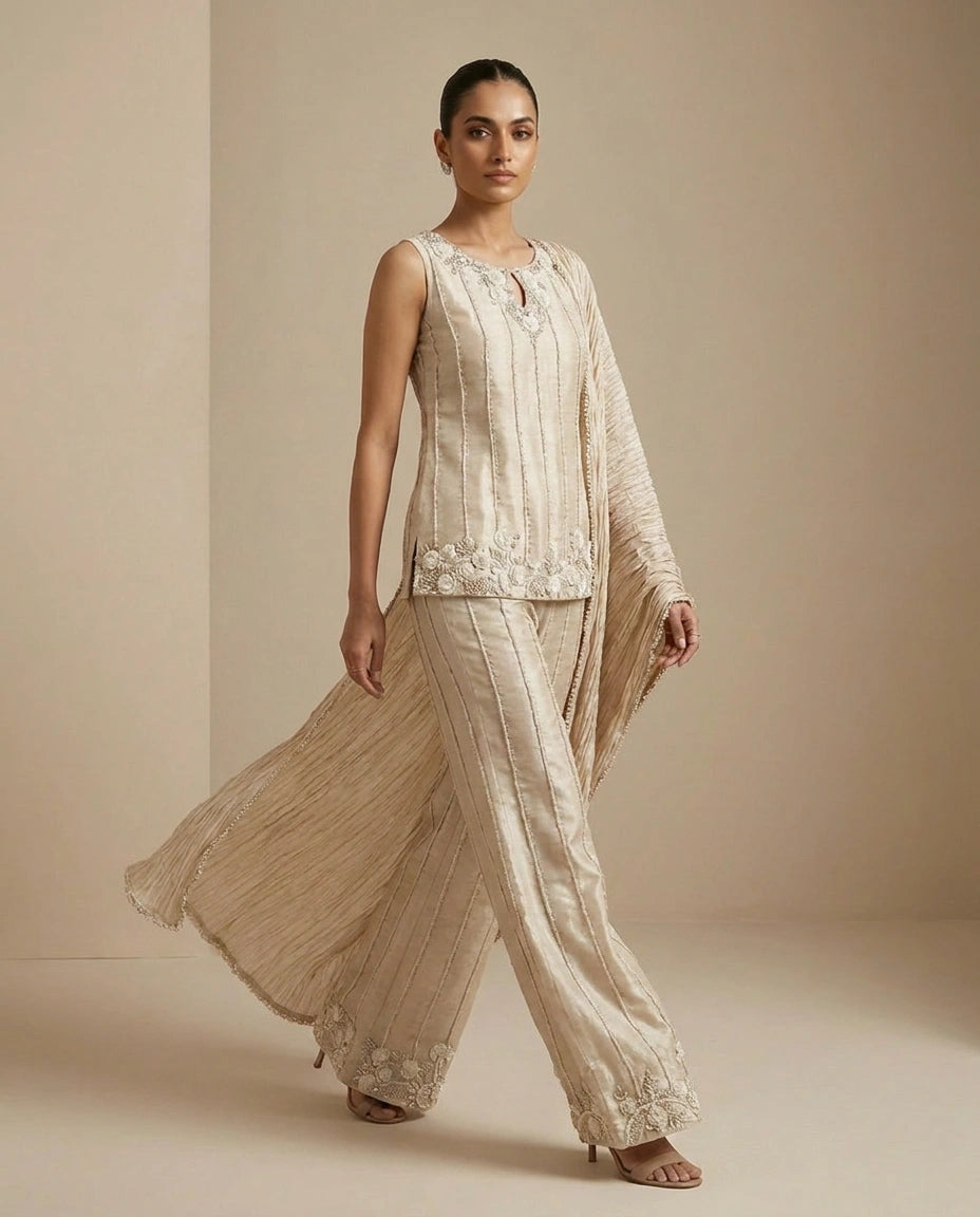 Off White Tissue Palazzo Suit with Flared Palazzo for Sangeet view 3