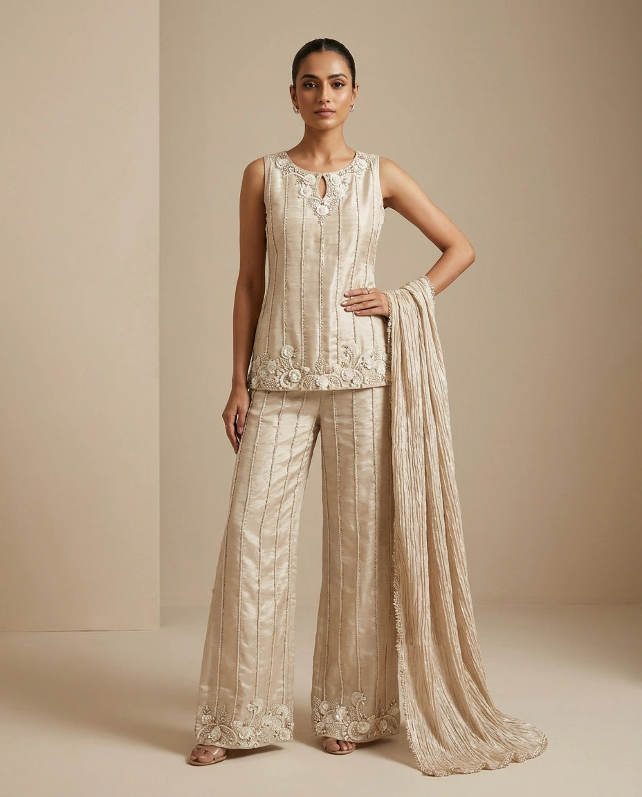 Off White Tissue Palazzo Suit with Flared Palazzo for Sangeet view 4