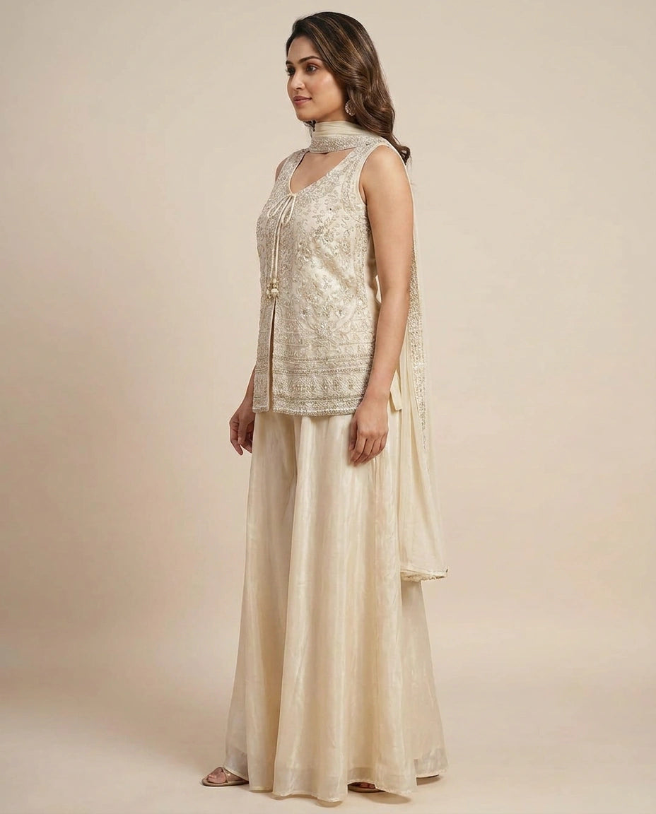 Off White Organza Palazzo Suit - Rangoli India
