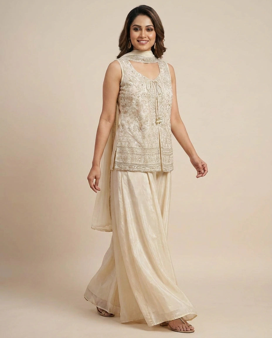 Off White Organza Palazzo Suit - Rangoli India