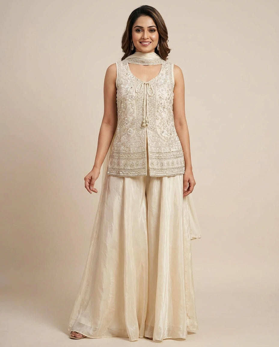 Off White Organza Palazzo Suit - Rangoli India