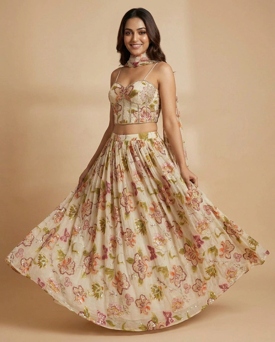 Off White Lehenga Corset in Organza - Rangoli India