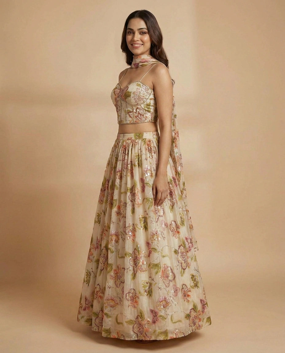 Off White Lehenga Corset in Organza - Rangoli India