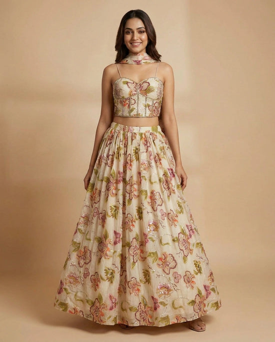 Off White Lehenga Corset in Organza - Rangoli India