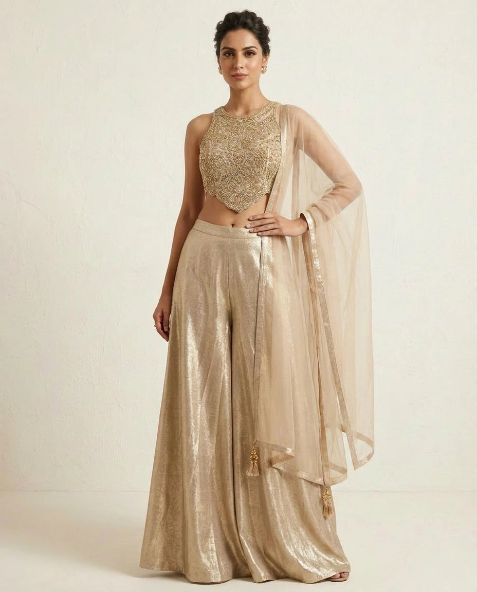 Gold Tissue Choli Palazzo Set with Choli and Palazzo view 2