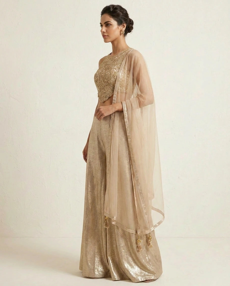 Gold Tissue Choli Palazzo Set with Choli and Palazzo view 3