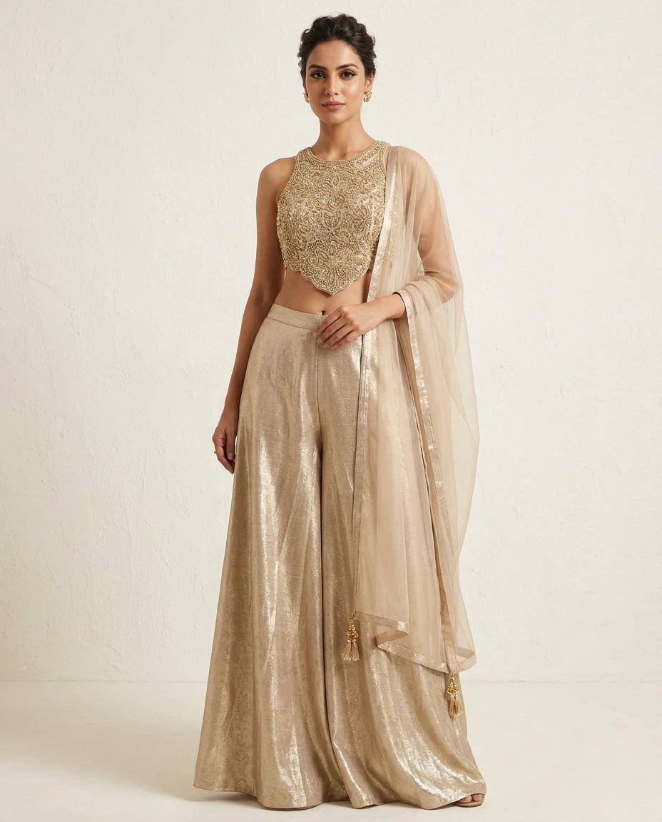 Gold Tissue Choli Palazzo Set with Choli and Palazzo view 4