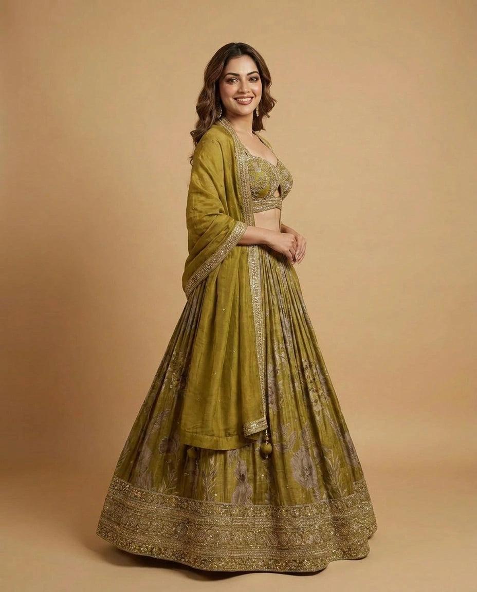 Lime Green Tissue Croptop Lehenga with Printed Detail - Rangoli India