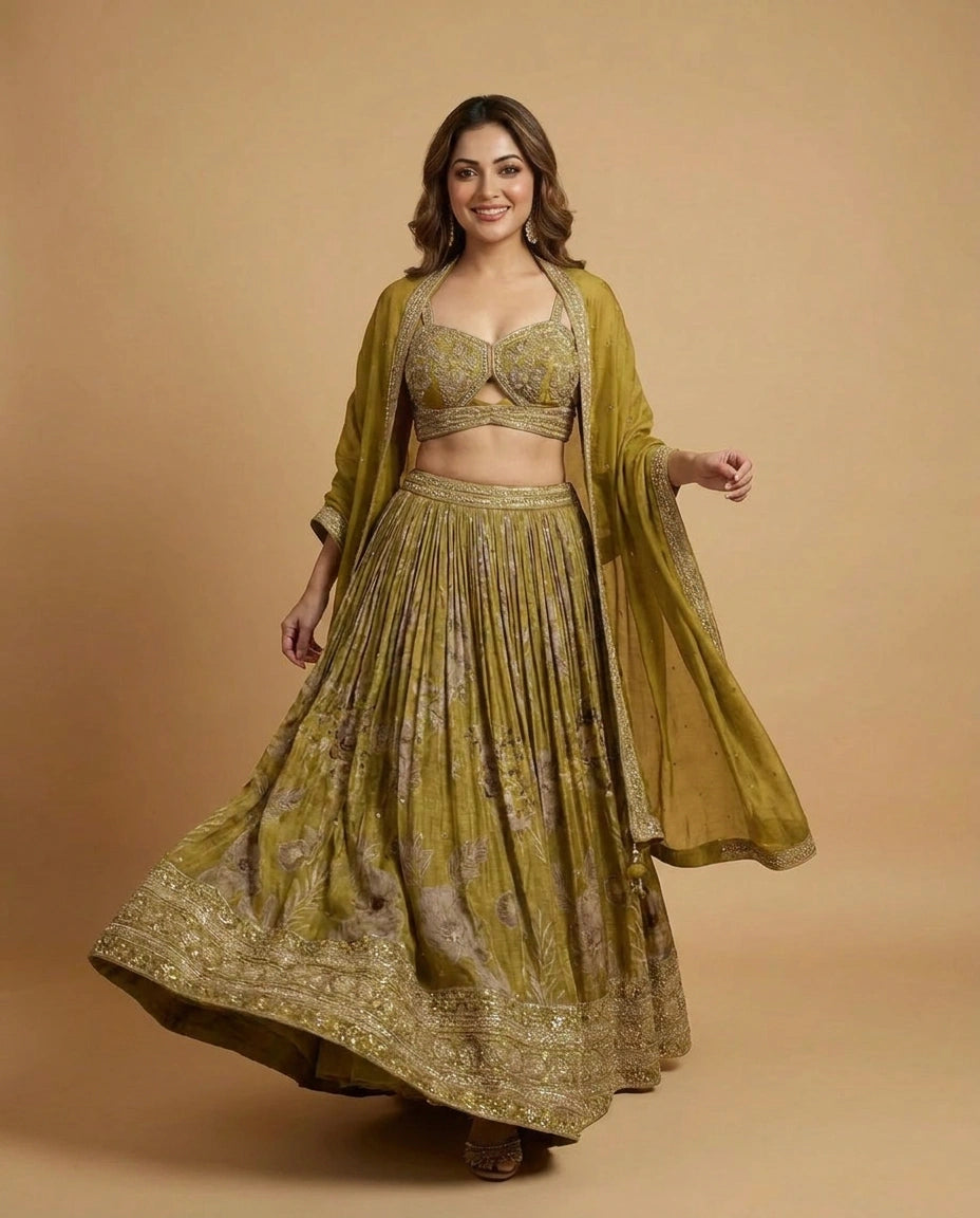 Lime Green Tissue Croptop Lehenga with Printed Detail - Rangoli India