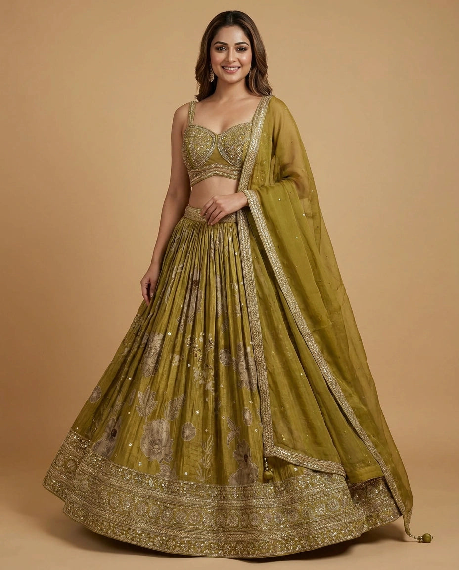 Lime Green Tissue Croptop Lehenga with Printed Detail - Rangoli India