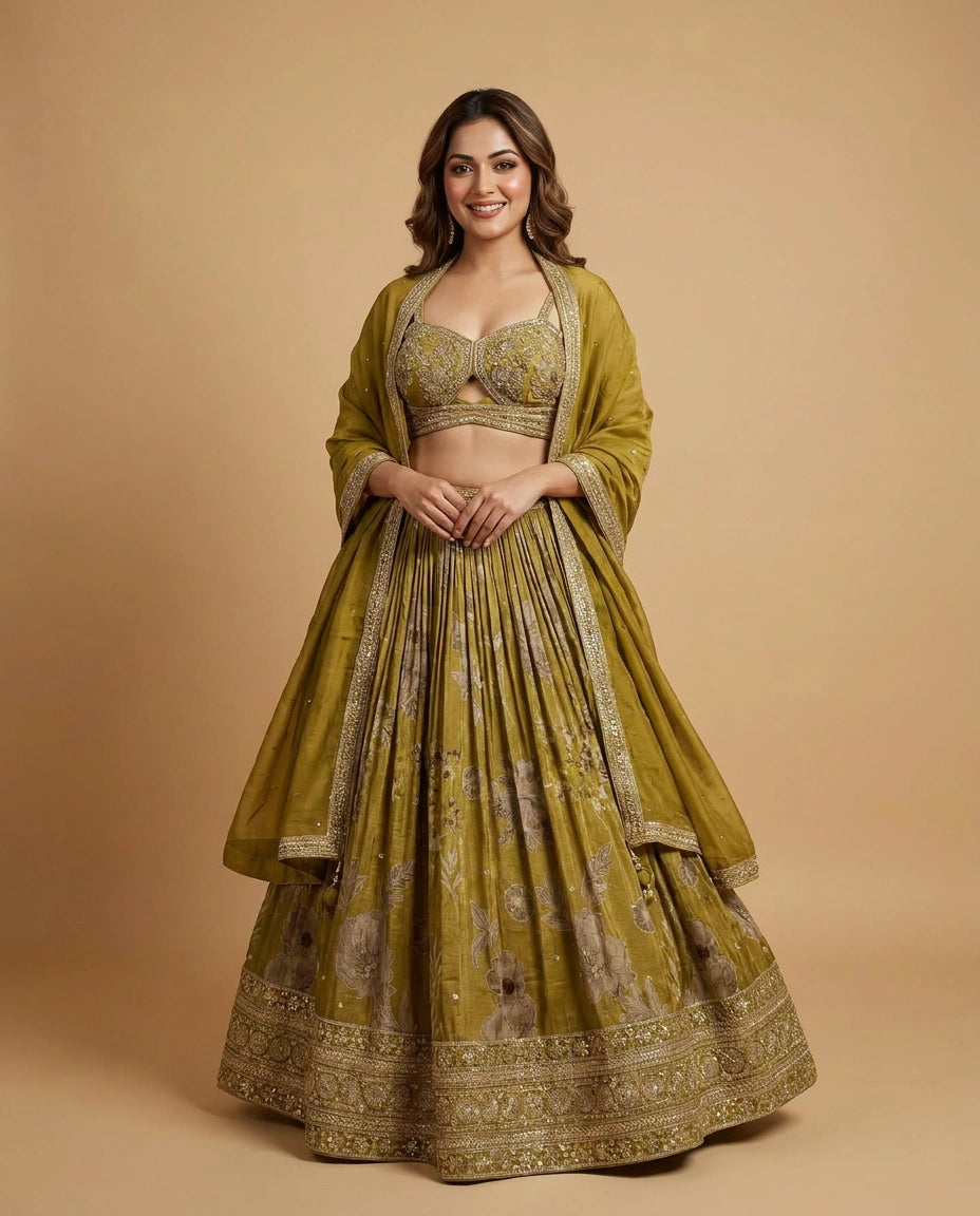 Lime Green Tissue Croptop Lehenga with Printed Detail - Rangoli India