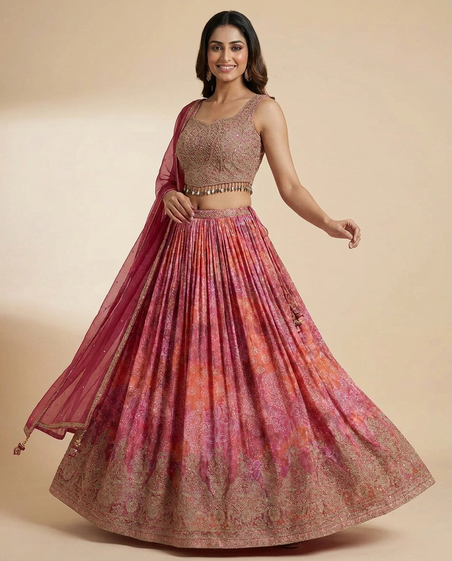 Fuchsia Pink Croptop Lehenga in Chinon - Rangoli India