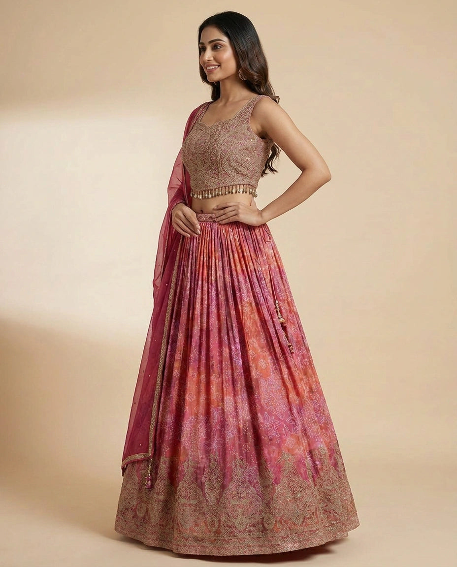 Fuchsia Pink Croptop Lehenga in Chinon - Rangoli India