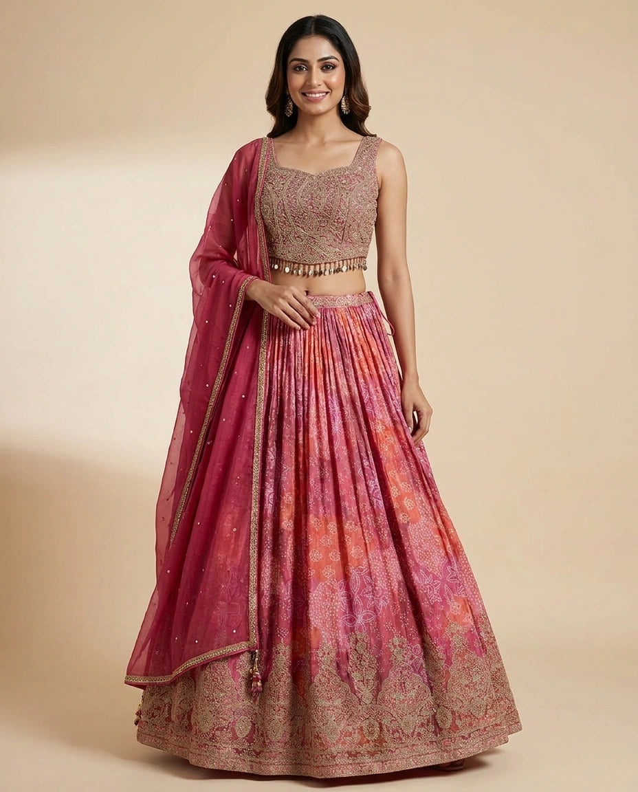 Fuchsia Pink Croptop Lehenga in Chinon - Rangoli India