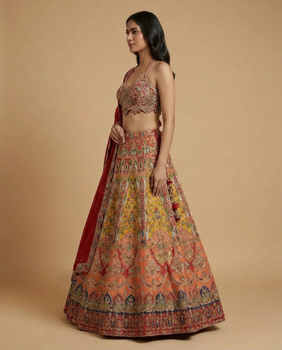Dola Silk Croptop Lehenga with Hand Embroidered Bodice for Women - Rangoli India