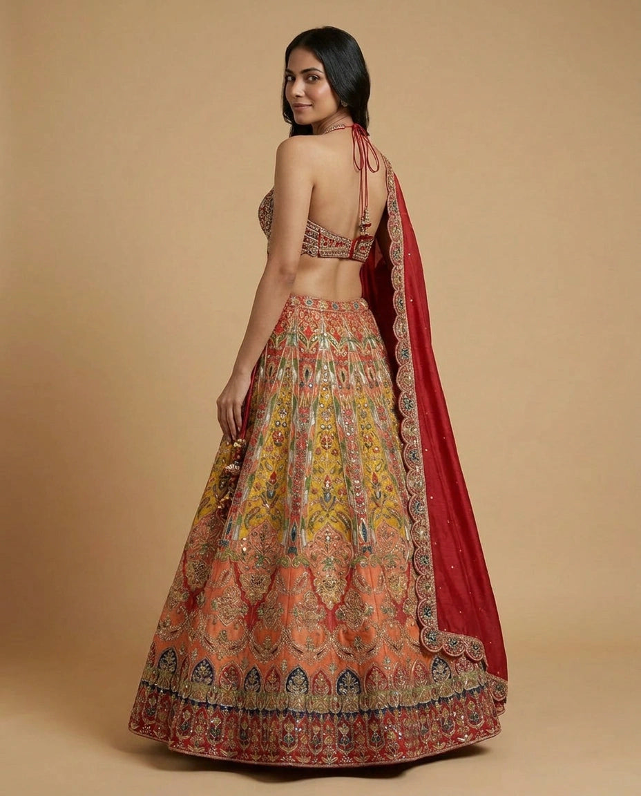 Dola Silk Croptop Lehenga with Hand Embroidered Bodice for Women - Rangoli India