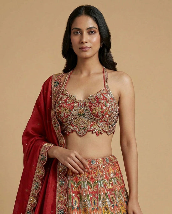 Dola Silk Croptop Lehenga with Hand Embroidered Bodice for Women - Rangoli India