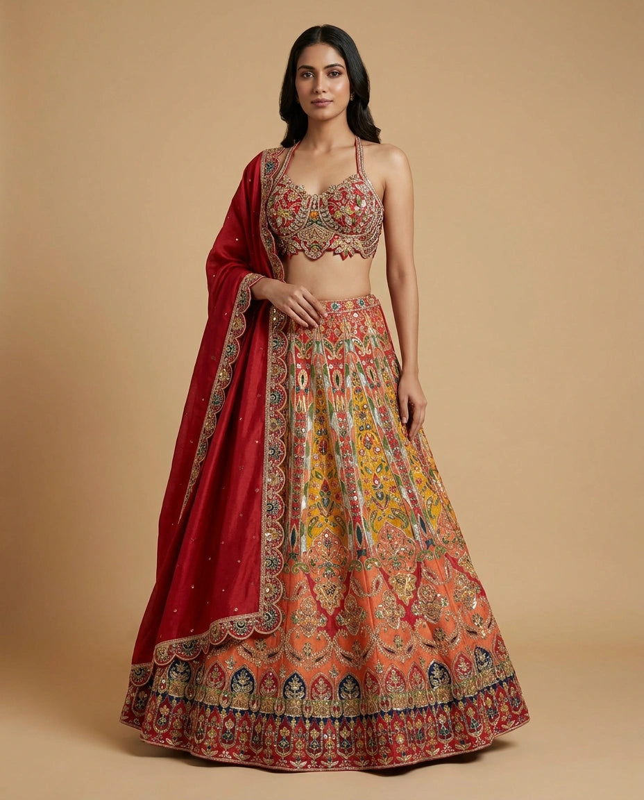 Dola Silk Croptop Lehenga with Hand Embroidered Bodice for Women - Rangoli India