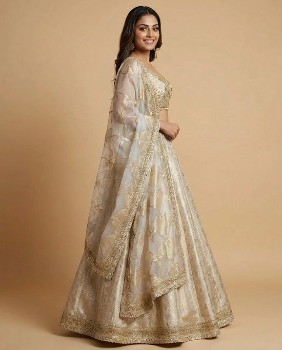 Off White Silk Katan Croptop Lehenga for Women - Wedding Wear - Rangoli India