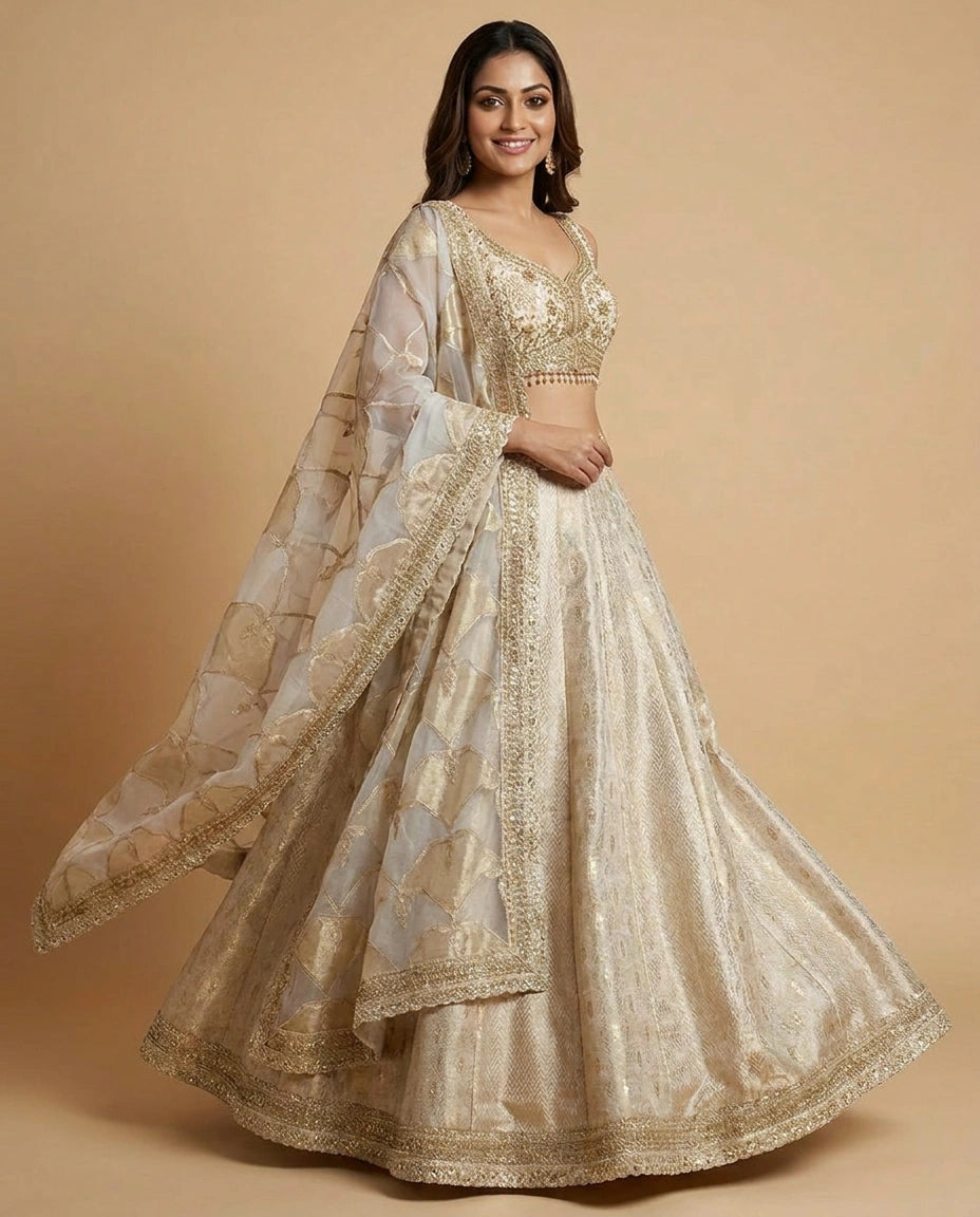 Off White Silk Katan Croptop Lehenga for Women - Wedding Wear - Rangoli India