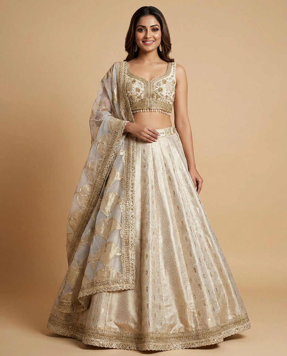 Off White Silk Katan Croptop Lehenga for Women - Wedding Wear - Rangoli India