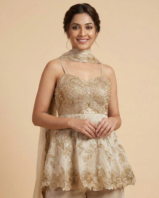 Beige Peplum Choli Co-ord Set Set - Rangoli India