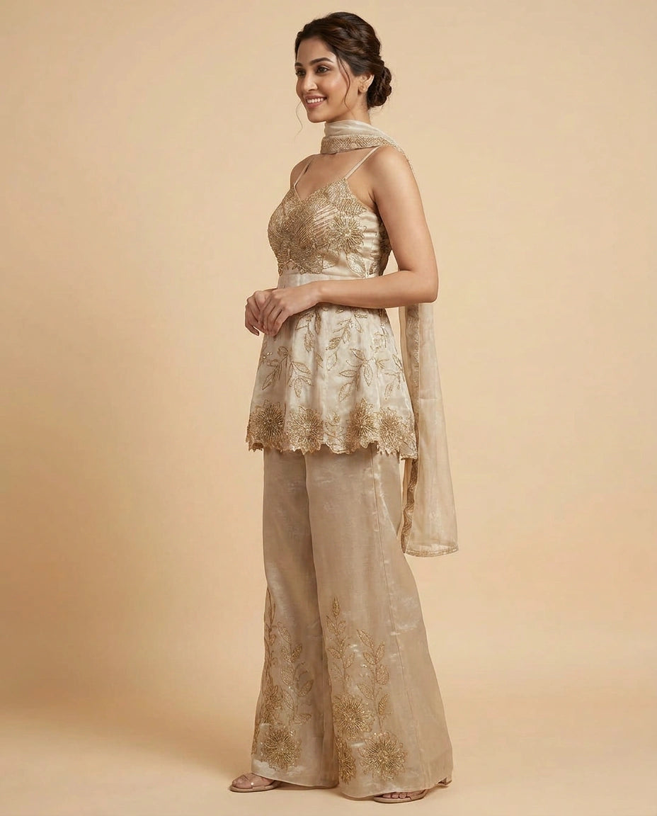 Beige Peplum Choli Co-ord Set Set - Rangoli India