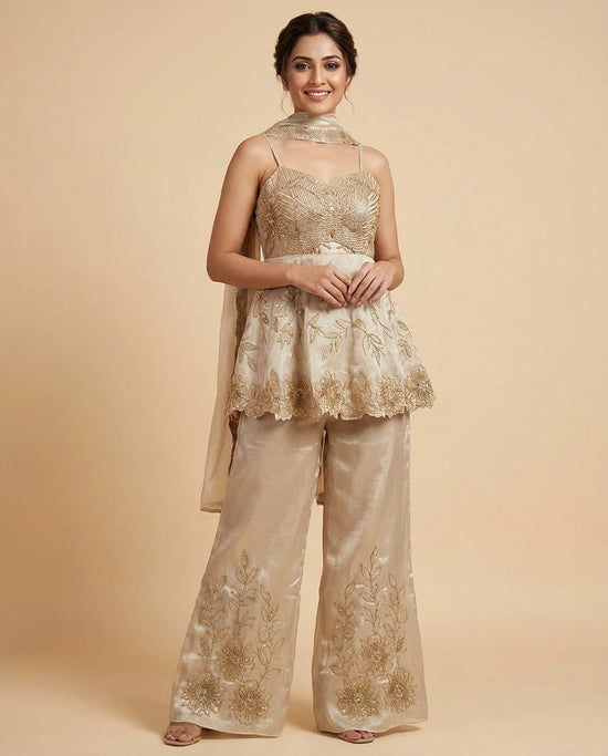 Beige Peplum Choli Co-ord Set Set - Rangoli India