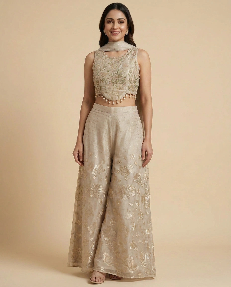 Beige Short Choli Co-ord Set Set - Rangoli India
