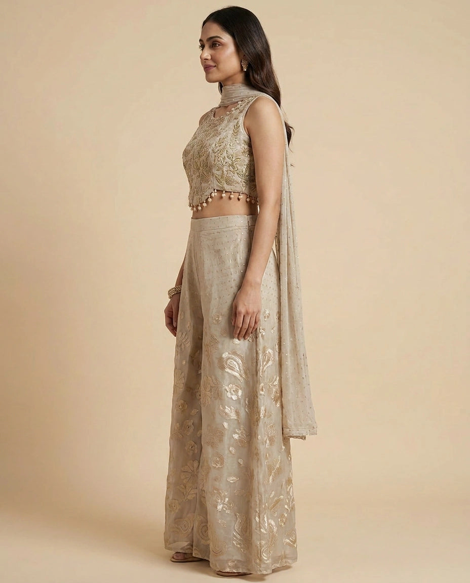 Beige Short Choli Co-ord Set Set - Rangoli India