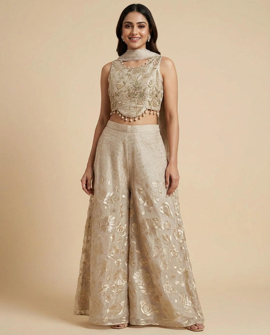 Beige Short Choli Co-ord Set Set - Rangoli India
