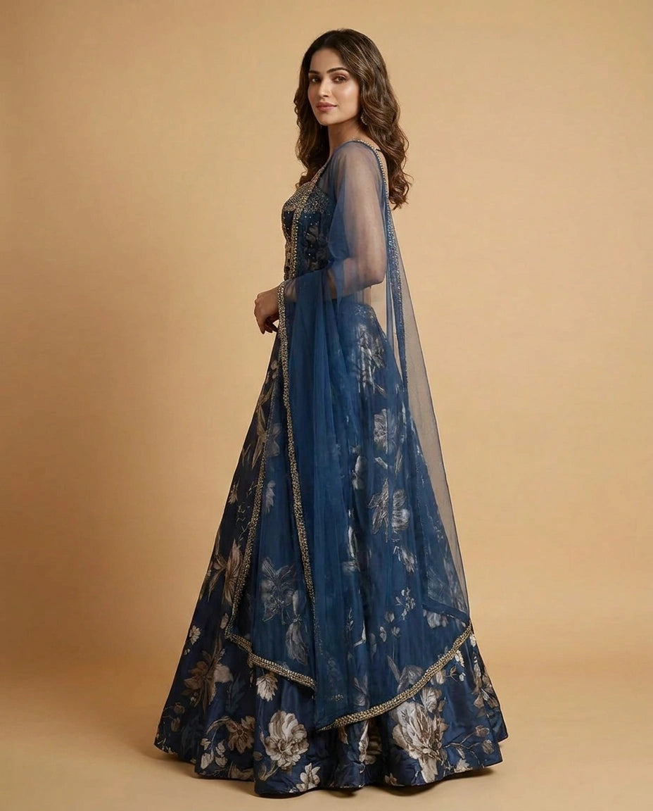 Crepe Silk Croptop Lehenga with Tonal Sequin Embroidered Skirt - Rangoli India