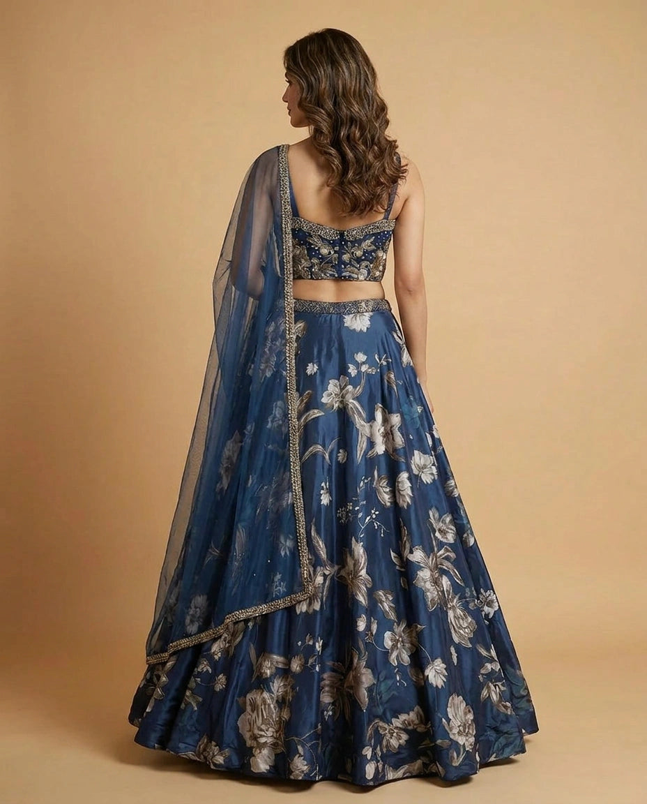Crepe Silk Croptop Lehenga with Tonal Sequin Embroidered Skirt - Rangoli India