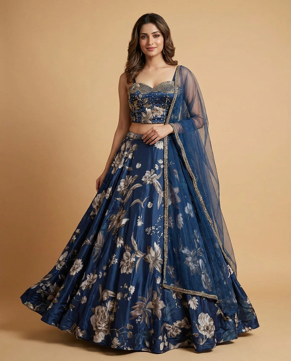 Crepe Silk Croptop Lehenga with Tonal Sequin Embroidered Skirt - Rangoli India