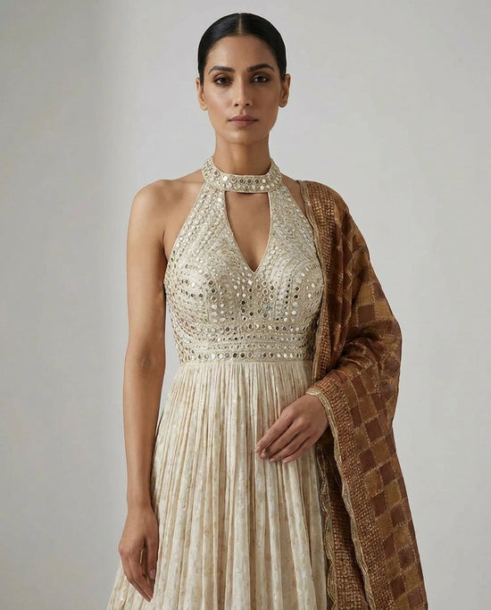 Off White Tissue Anarkali Gown with Floor-Length Flare - Rangoli India