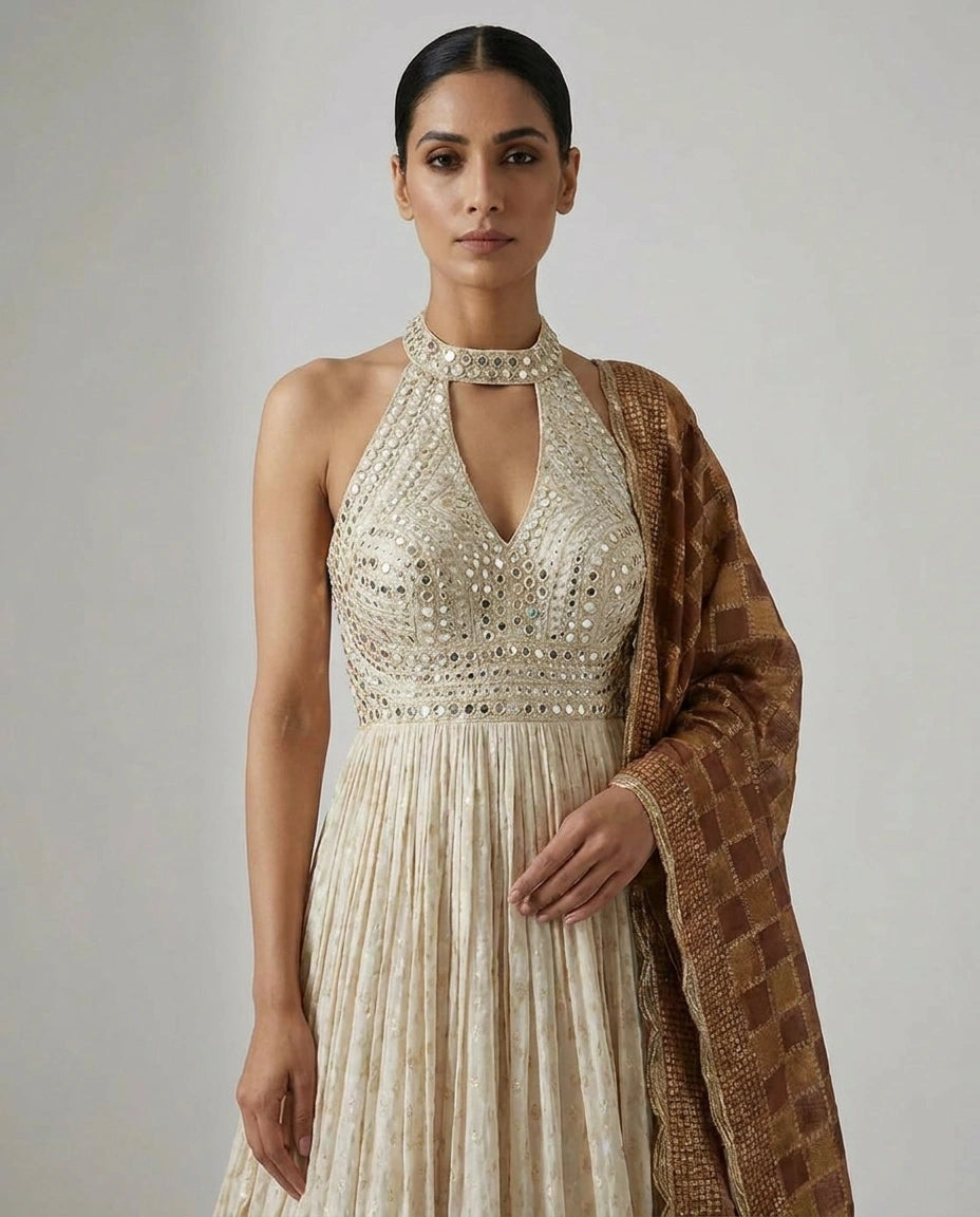 Off White Tissue Anarkali Gown with Floor-Length Flare - Rangoli India