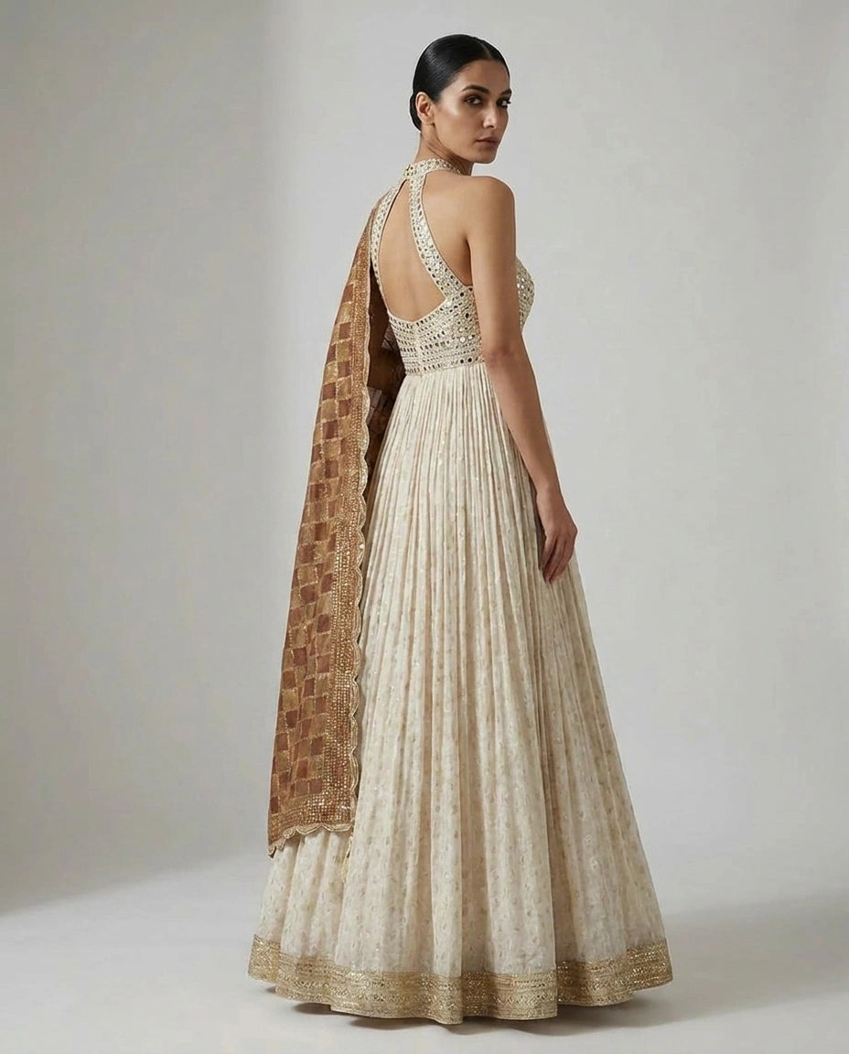 Off White Tissue Anarkali Gown with Floor-Length Flare view 2
