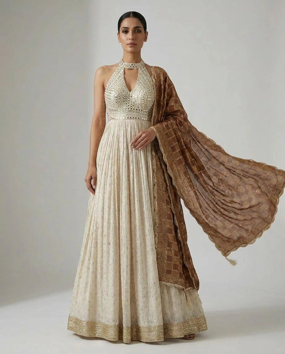 Off White Tissue Anarkali Gown with Floor-Length Flare view 3